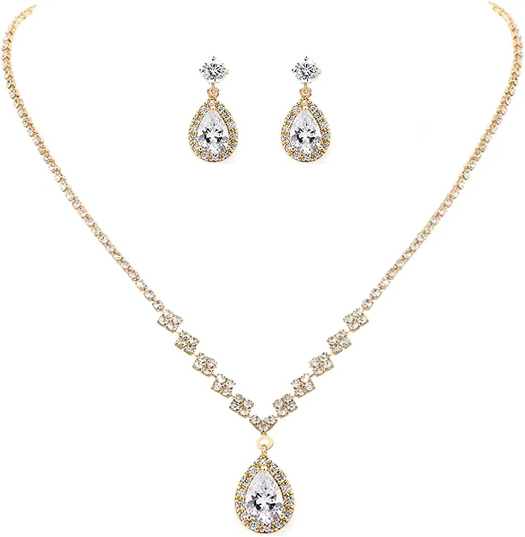 Bride Crystal Necklace Earrings Set Bridal Wedding Jewelry Sets Rhinestone Choker Necklace Prom Costume Jewelry Set for Women and Girls(3 Piece Set - 2 Earrings and 1 Necklace) Gold