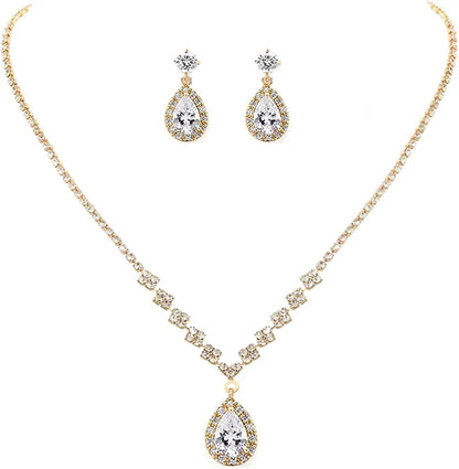 Bride Crystal Necklace Earrings Set Bridal Wedding Jewelry Sets Rhinestone Choker Necklace Prom Costume Jewelry Set for Women and Girls(3 Piece Set - 2 Earrings and 1 Necklace) Gold