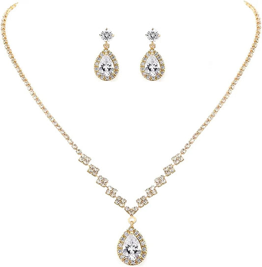 Bride Crystal Necklace Earrings Set Bridal Wedding Jewelry Sets Rhinestone Choker Necklace Prom Costume Jewelry Set for Women and Girls(3 Piece Set - 2 Earrings and 1 Necklace) Gold