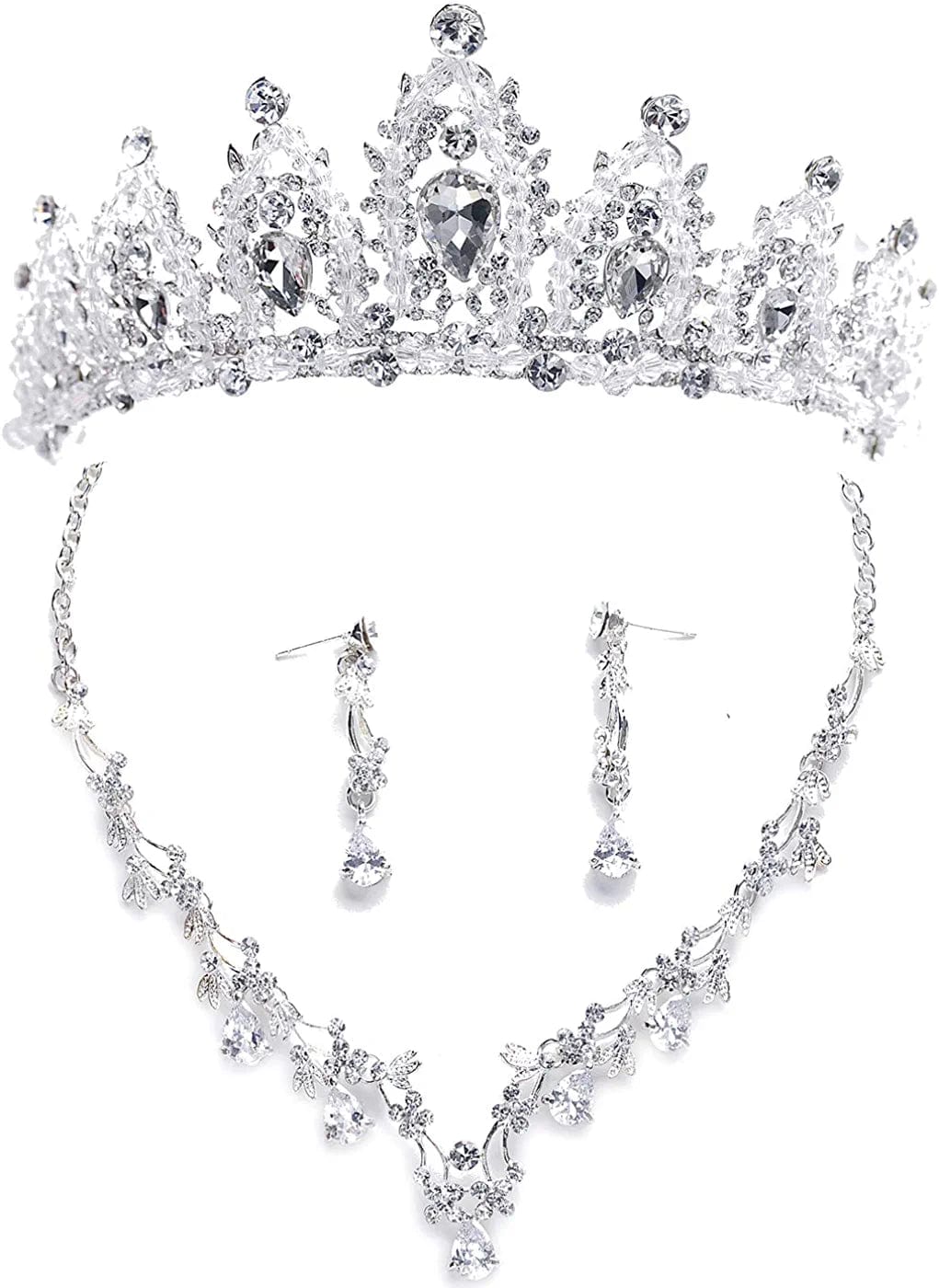 Bride Headdress Jewelry Wedding Necklace Earrings Set Crystal Crown Tiara D