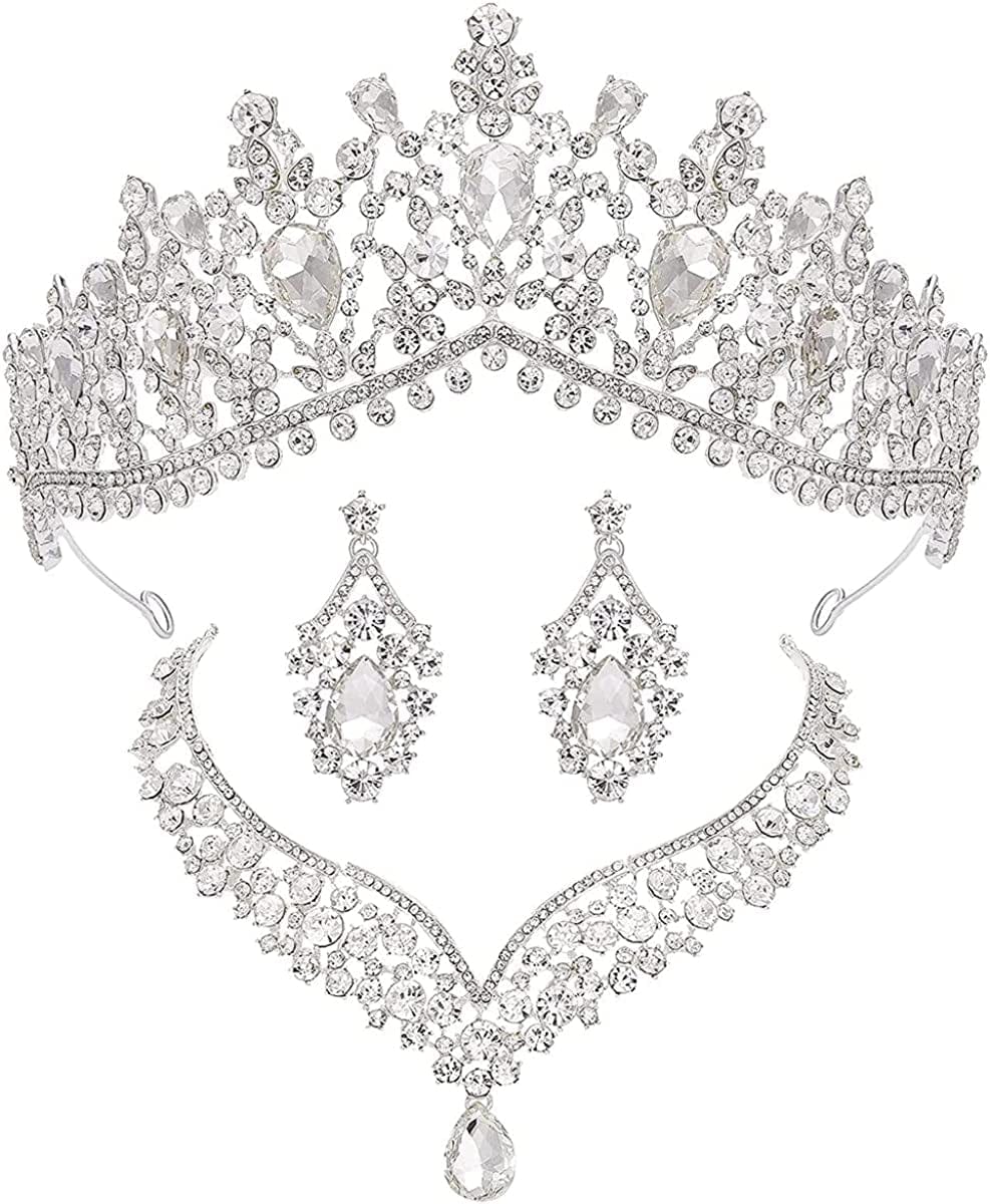 Bride Headdress Jewelry Wedding Necklace Earrings Set Crystal Crown Tiara M