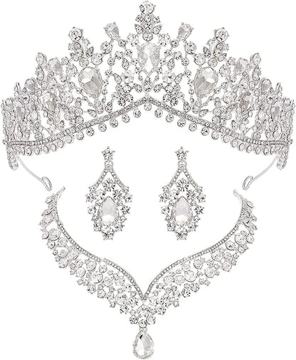 Bride Headdress Jewelry Wedding Necklace Earrings Set Crystal Crown Tiara M