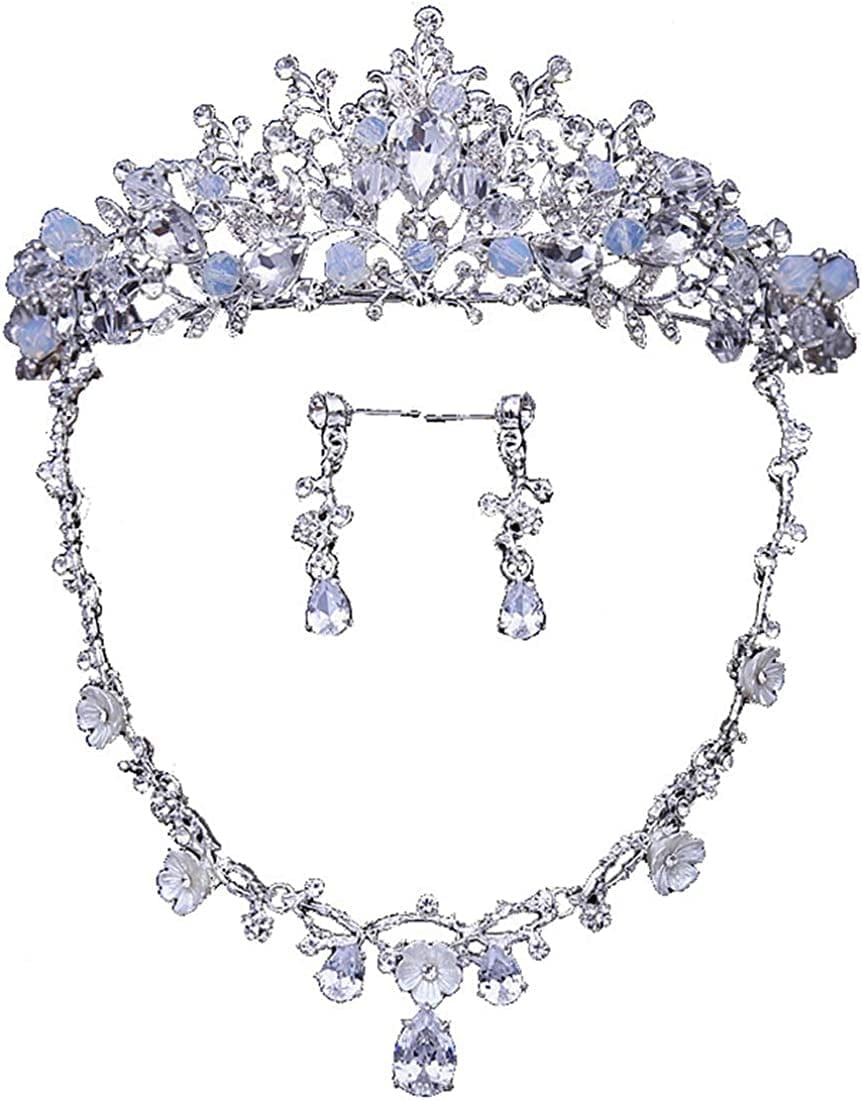 Bride Headdress Jewelry Wedding Necklace Earrings Set Crystal Crown Tiara B