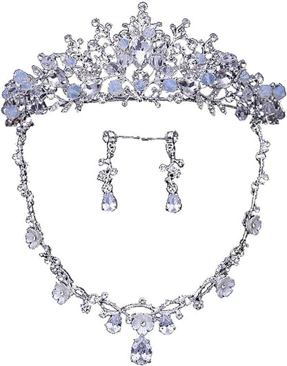 Bride Headdress Jewelry Wedding Necklace Earrings Set Crystal Crown Tiara B