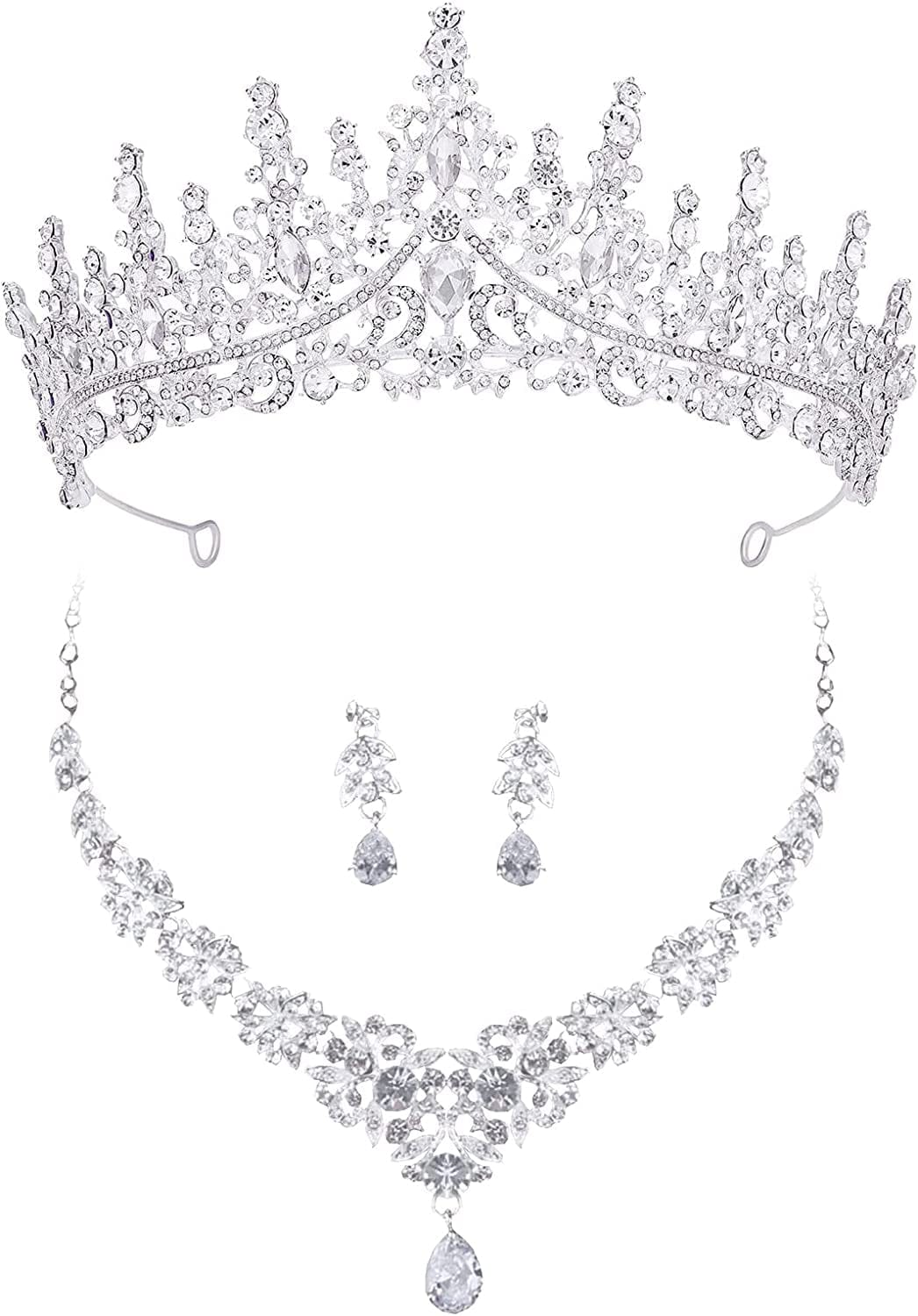 Bride Headdress Jewelry Wedding Necklace Earrings Set Crystal Crown Tiara I