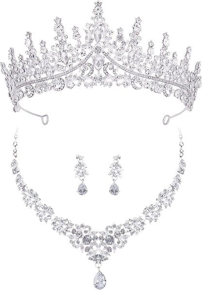 Bride Headdress Jewelry Wedding Necklace Earrings Set Crystal Crown Tiara I
