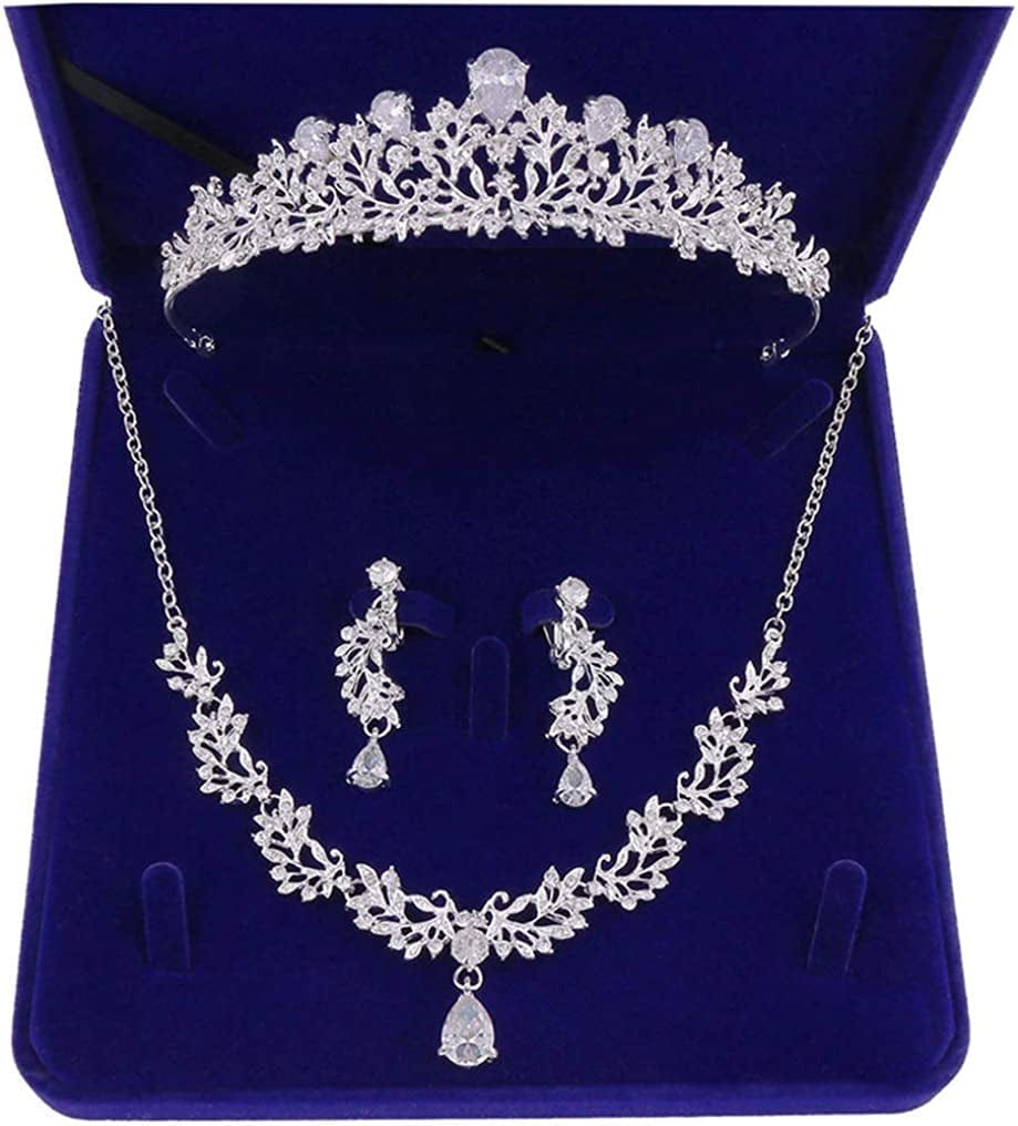 Bride Headdress Jewelry Wedding Necklace Earrings Set Crystal Crown Tiara E