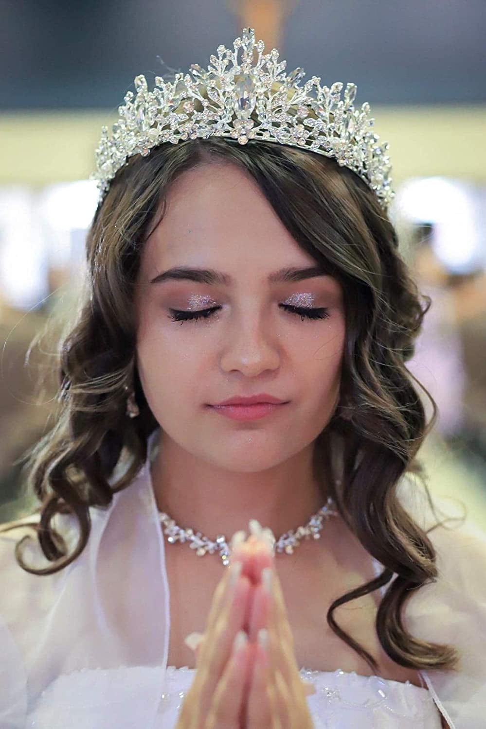 Bride Headdress Jewelry Wedding Necklace Earrings Set Crystal Crown Tiara