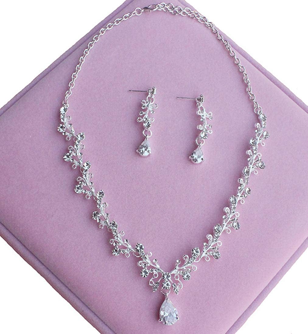 Bride Headdress Jewelry Wedding Necklace Earrings Set Crystal Crown Tiara