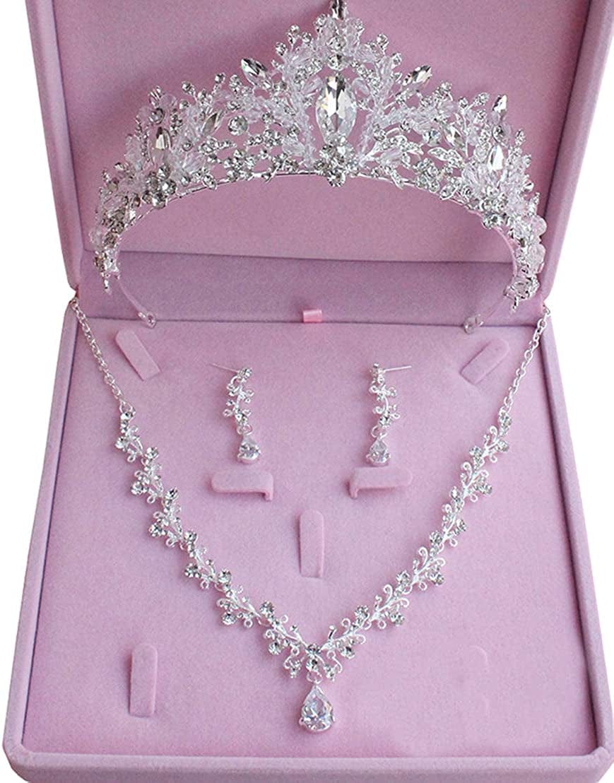 Bride Headdress Jewelry Wedding Necklace Earrings Set Crystal Crown Tiara