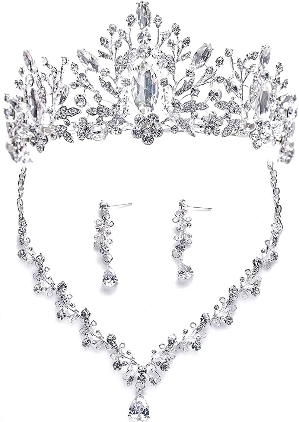 Bride Headdress Jewelry Wedding Necklace Earrings Set Crystal Crown Tiara A