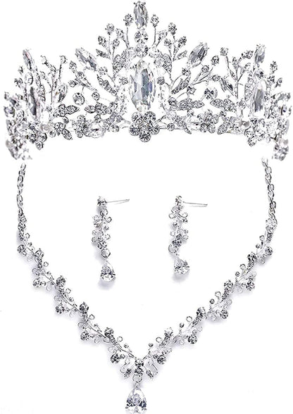 Bride Headdress Jewelry Wedding Necklace Earrings Set Crystal Crown Tiara A