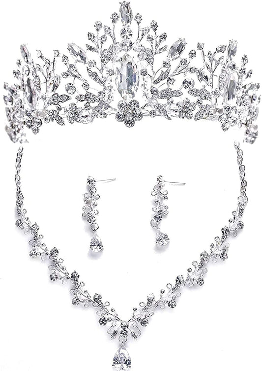 Bride Headdress Jewelry Wedding Necklace Earrings Set Crystal Crown Tiara A