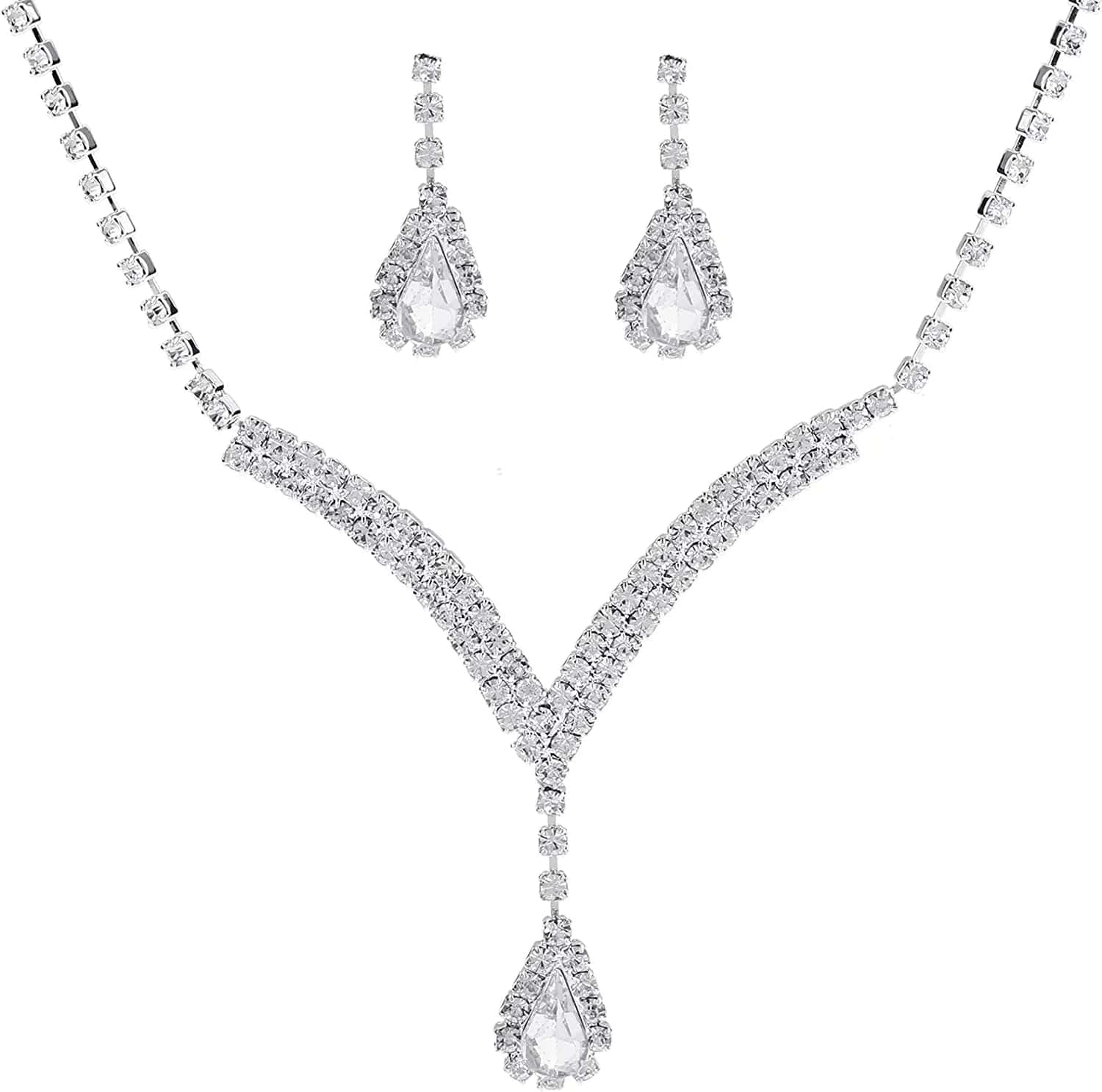 Bride Jewelry Set Silver Crystal Wedding Necklace Earrings Bridal Rhinestone Teardrop Pendant Accessories for Women and Bridesmaids (3 Piece Set - 2 Earrings and 1 Necklace) style 168