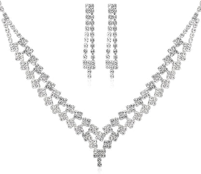 Bride Jewelry Set Silver Crystal Wedding Necklace Earrings Bridal Rhinestone Teardrop Pendant Accessories for Women and Bridesmaids (3 Piece Set - 2 Earrings and 1 Necklace) style 1286