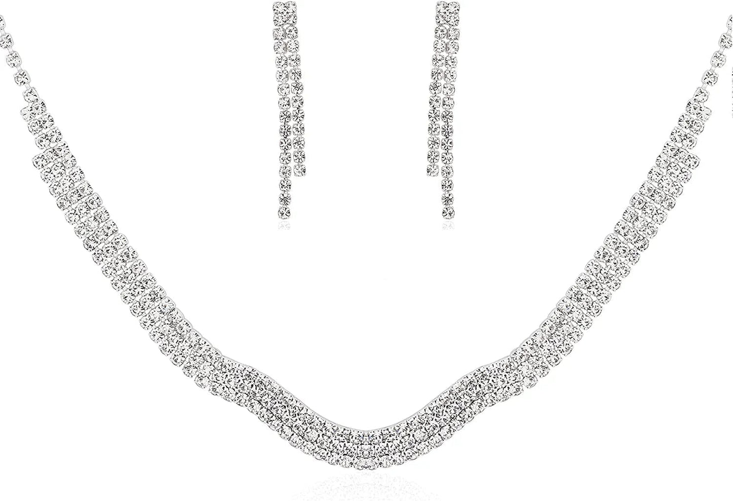 Bride Jewelry Set Silver Crystal Wedding Necklace Earrings Bridal Rhinestone Teardrop Pendant Accessories for Women and Bridesmaids (3 Piece Set - 2 Earrings and 1 Necklace) style 1271