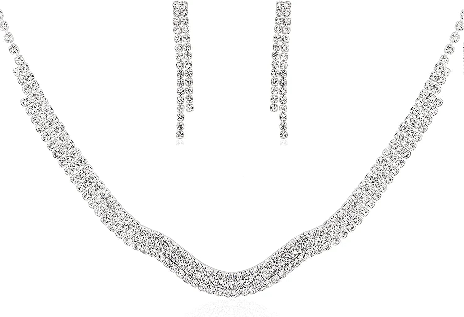 Bride Jewelry Set Silver Crystal Wedding Necklace Earrings Bridal Rhinestone Teardrop Pendant Accessories for Women and Bridesmaids (3 Piece Set - 2 Earrings and 1 Necklace) style 1271