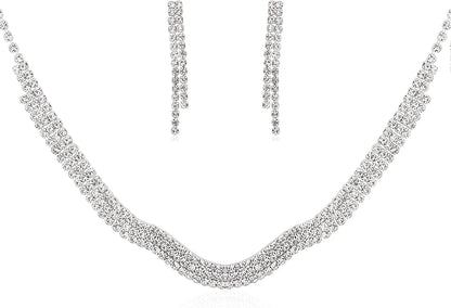 Bride Jewelry Set Silver Crystal Wedding Necklace Earrings Bridal Rhinestone Teardrop Pendant Accessories for Women and Bridesmaids (3 Piece Set - 2 Earrings and 1 Necklace) style 1271