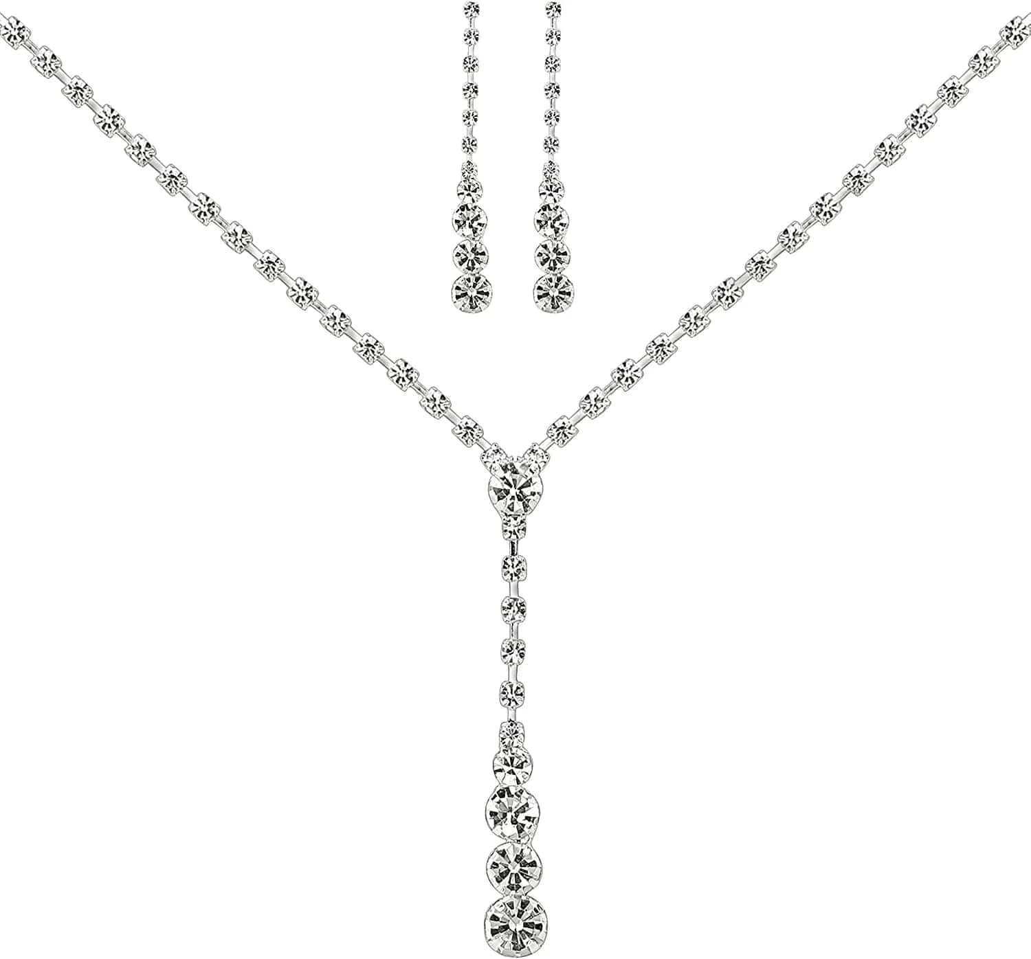 Bride Jewelry Set Silver Crystal Wedding Necklace Earrings Bridal Rhinestone Teardrop Pendant Accessories for Women and Bridesmaids (3 Piece Set - 2 Earrings and 1 Necklace) style 1270