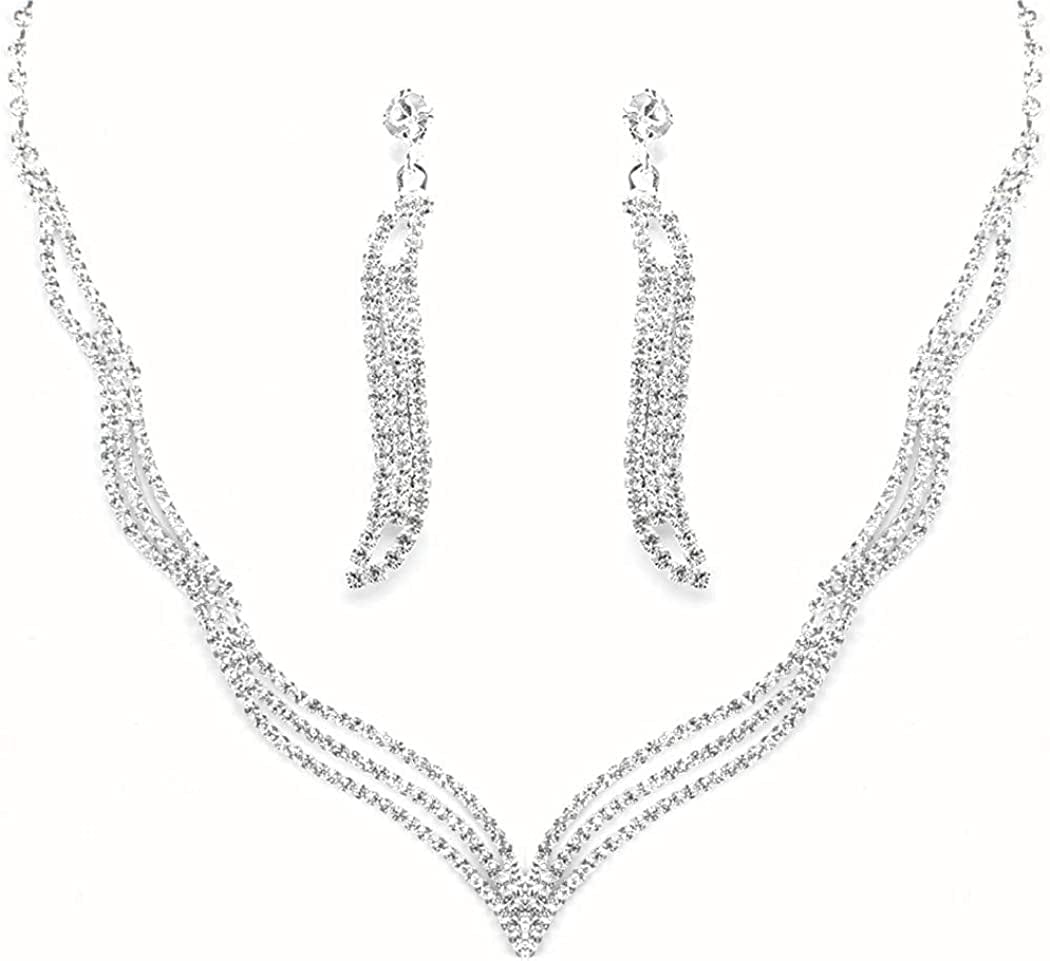 Bride Jewelry Set Silver Crystal Wedding Necklace Earrings Bridal Rhinestone Teardrop Pendant Accessories for Women and Bridesmaids (3 Piece Set - 2 Earrings and 1 Necklace) style 167