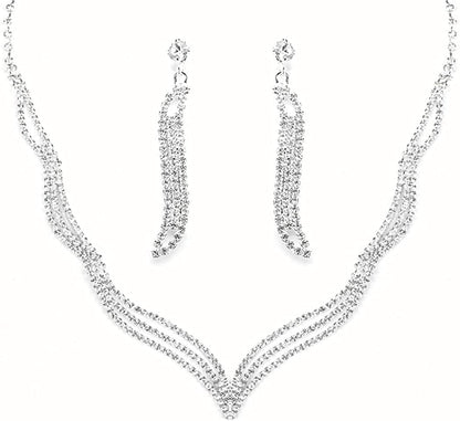 Bride Jewelry Set Silver Crystal Wedding Necklace Earrings Bridal Rhinestone Teardrop Pendant Accessories for Women and Bridesmaids (3 Piece Set - 2 Earrings and 1 Necklace) style 167
