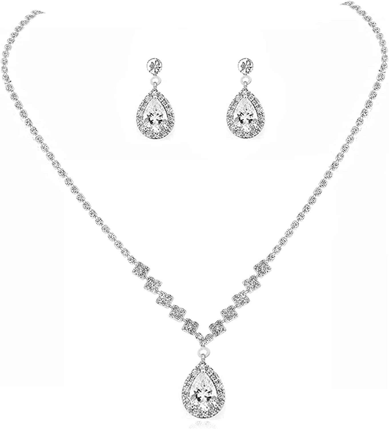 Bride Jewelry Set Silver Crystal Wedding Necklace Earrings Bridal Rhinestone Teardrop Pendant Accessories for Women and Bridesmaids (3 Piece Set - 2 Earrings and 1 Necklace) style 166