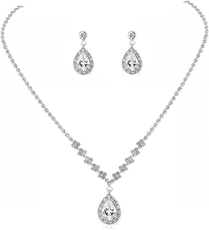 Bride Jewelry Set Silver Crystal Wedding Necklace Earrings Bridal Rhinestone Teardrop Pendant Accessories for Women and Bridesmaids (3 Piece Set - 2 Earrings and 1 Necklace) style 166