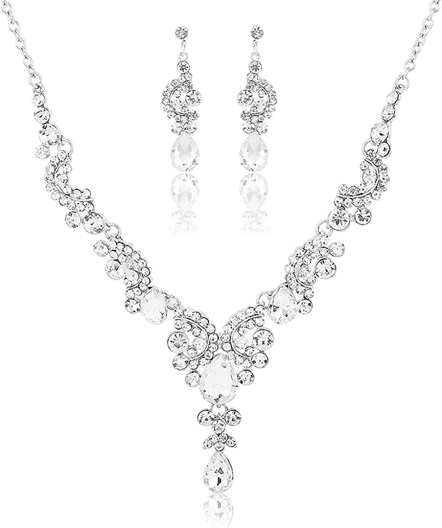Bride Jewelry Set Silver Crystal Wedding Necklace Earrings Bridal Rhinestone Teardrop Pendant Accessories for Women and Bridesmaids (3 Piece Set - 2 Earrings and 1 Necklace) style 1534