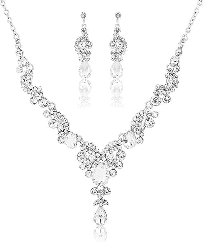 Bride Jewelry Set Silver Crystal Wedding Necklace Earrings Bridal Rhinestone Teardrop Pendant Accessories for Women and Bridesmaids (3 Piece Set - 2 Earrings and 1 Necklace) style 1534