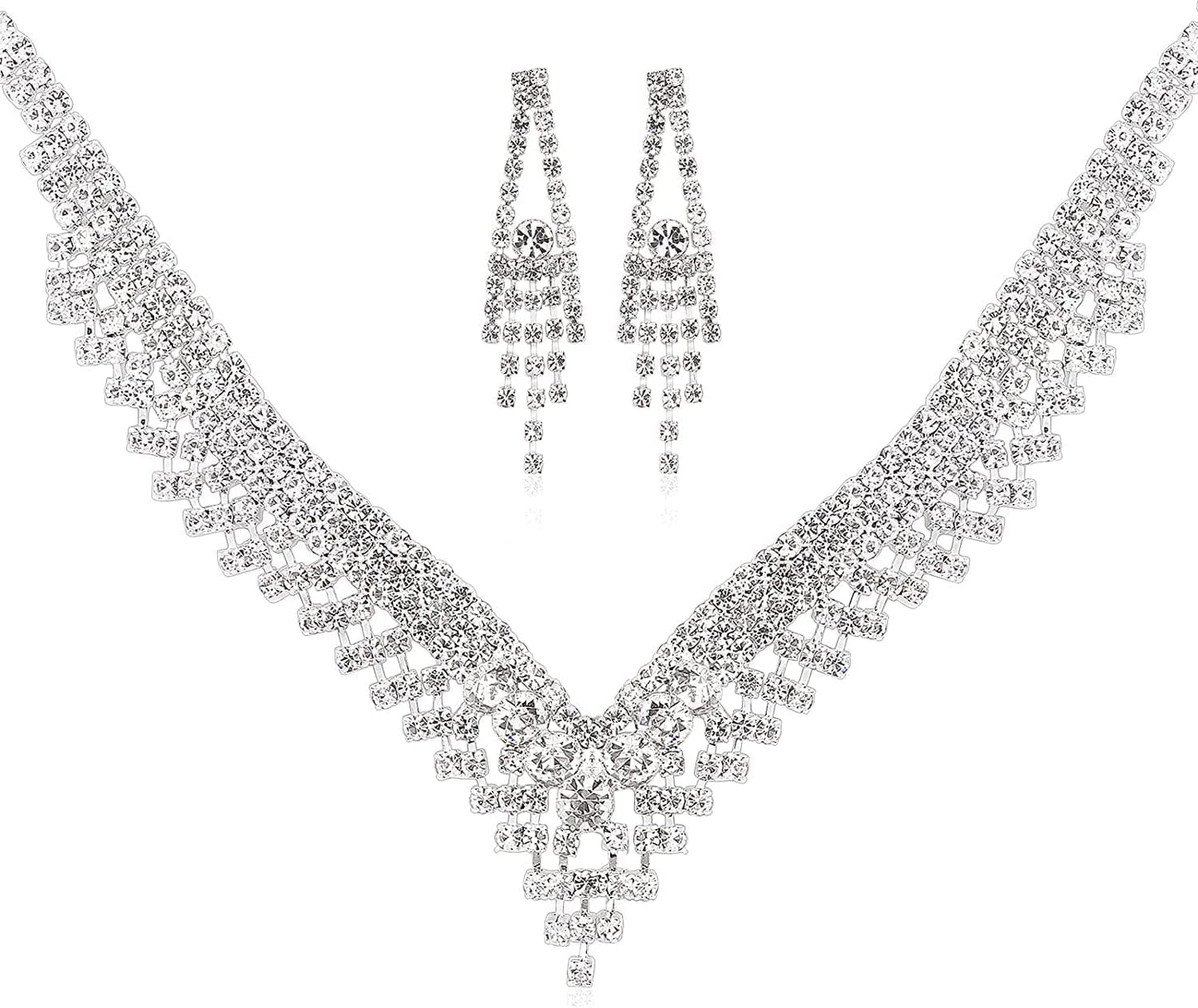 Bride Jewelry Set Silver Crystal Wedding Necklace Earrings Bridal Rhinestone Teardrop Pendant Accessories for Women and Bridesmaids (3 Piece Set - 2 Earrings and 1 Necklace) style 1285