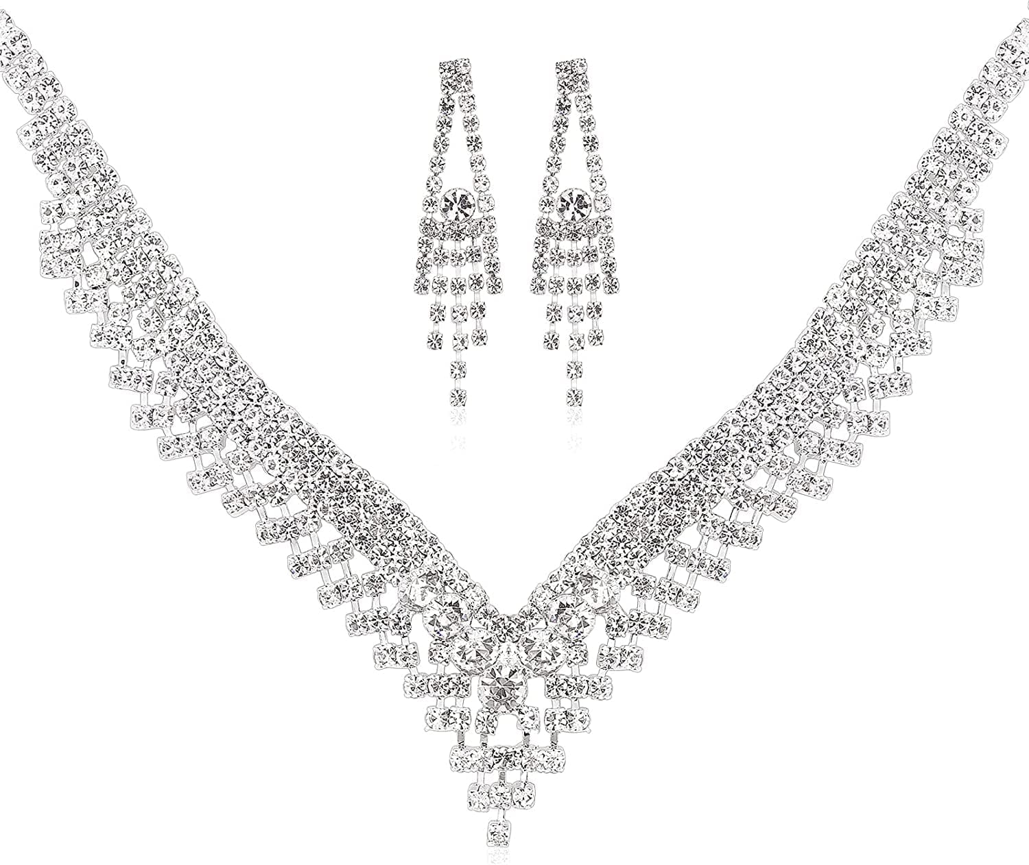 Bride Jewelry Set Silver Crystal Wedding Necklace Earrings Bridal Rhinestone Teardrop Pendant Accessories for Women and Bridesmaids (3 Piece Set - 2 Earrings and 1 Necklace) style 1285