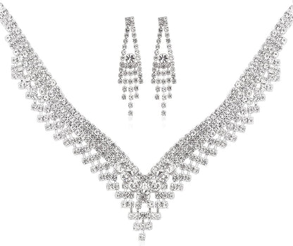 Bride Jewelry Set Silver Crystal Wedding Necklace Earrings Bridal Rhinestone Teardrop Pendant Accessories for Women and Bridesmaids (3 Piece Set - 2 Earrings and 1 Necklace) style 1285