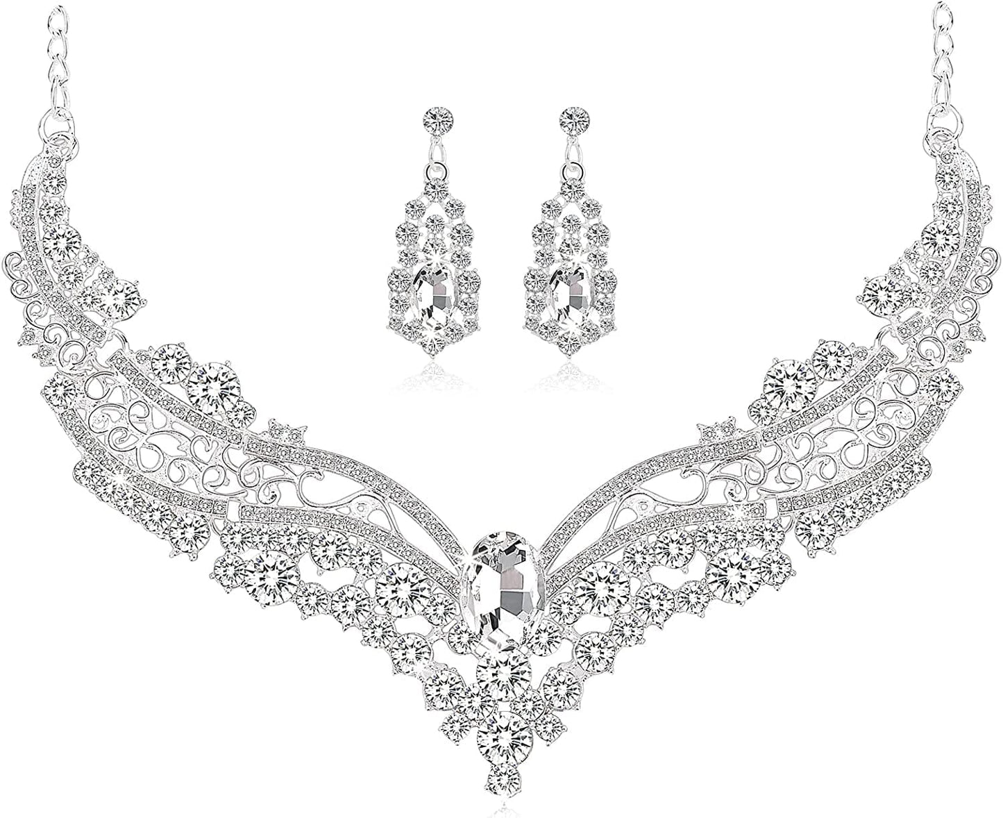 Bride Jewelry Set Silver Crystal Wedding Necklace Earrings Bridal Rhinestone Teardrop Pendant Accessories for Women and Bridesmaids (3 Piece Set - 2 Earrings and 1 Necklace) Silver-14