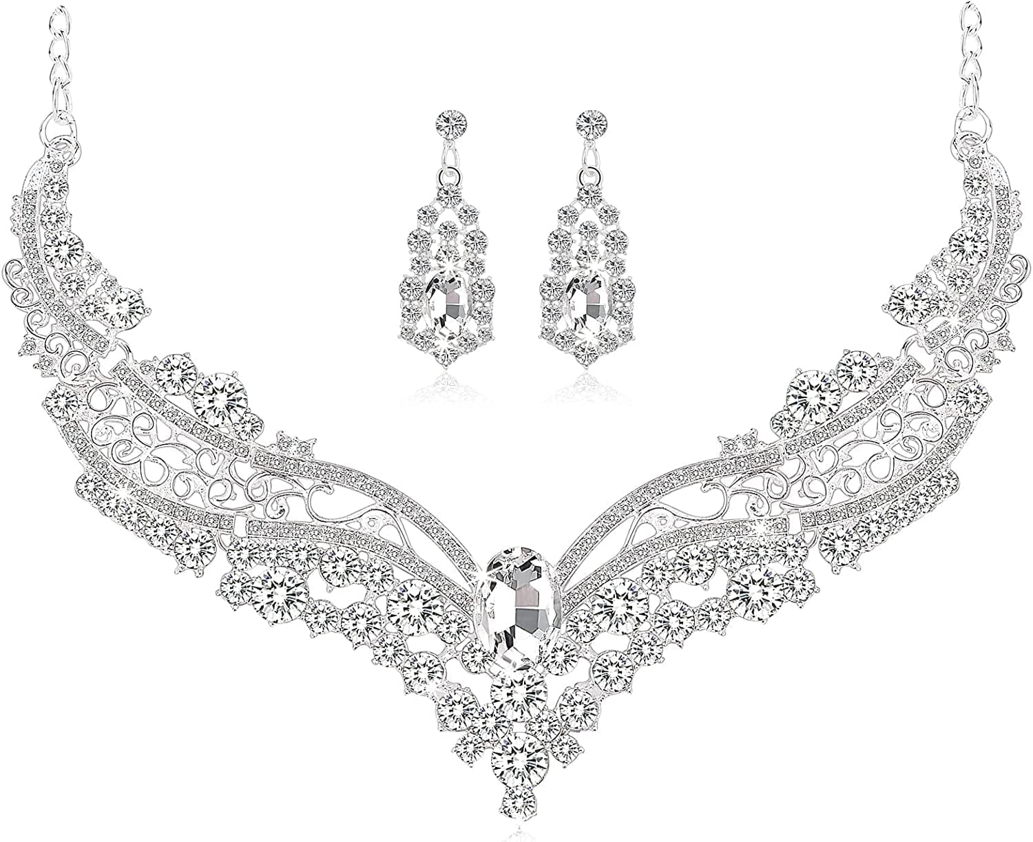 Bride Jewelry Set Silver Crystal Wedding Necklace Earrings Bridal Rhinestone Teardrop Pendant Accessories for Women and Bridesmaids (3 Piece Set - 2 Earrings and 1 Necklace) Silver-14