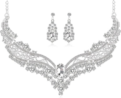 Bride Jewelry Set Silver Crystal Wedding Necklace Earrings Bridal Rhinestone Teardrop Pendant Accessories for Women and Bridesmaids (3 Piece Set - 2 Earrings and 1 Necklace) Silver-14