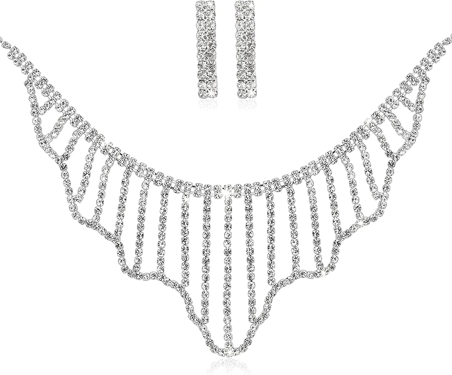 Bride Jewelry Set Silver Crystal Wedding Necklace Earrings Bridal Rhinestone Teardrop Pendant Accessories for Women and Bridesmaids (3 Piece Set - 2 Earrings and 1 Necklace) style 1272
