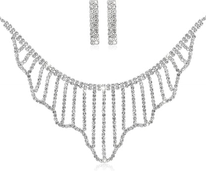 Bride Jewelry Set Silver Crystal Wedding Necklace Earrings Bridal Rhinestone Teardrop Pendant Accessories for Women and Bridesmaids (3 Piece Set - 2 Earrings and 1 Necklace) style 1272