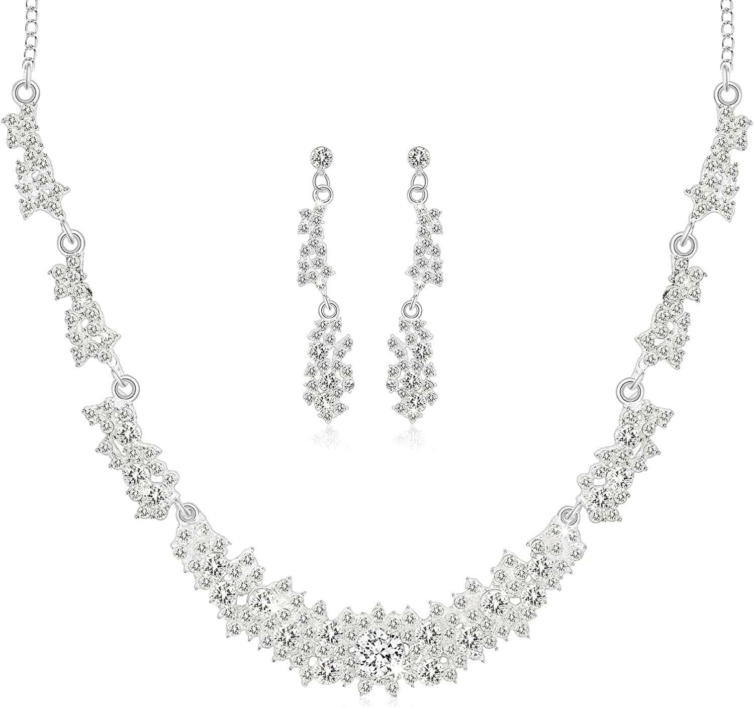 Bride Jewelry Set Silver Crystal Wedding Necklace Earrings Bridal Rhinestone Teardrop Pendant Accessories for Women and Bridesmaids (3 Piece Set - 2 Earrings and 1 Necklace) Silver-15