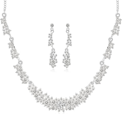 Bride Jewelry Set Silver Crystal Wedding Necklace Earrings Bridal Rhinestone Teardrop Pendant Accessories for Women and Bridesmaids (3 Piece Set - 2 Earrings and 1 Necklace) Silver-15