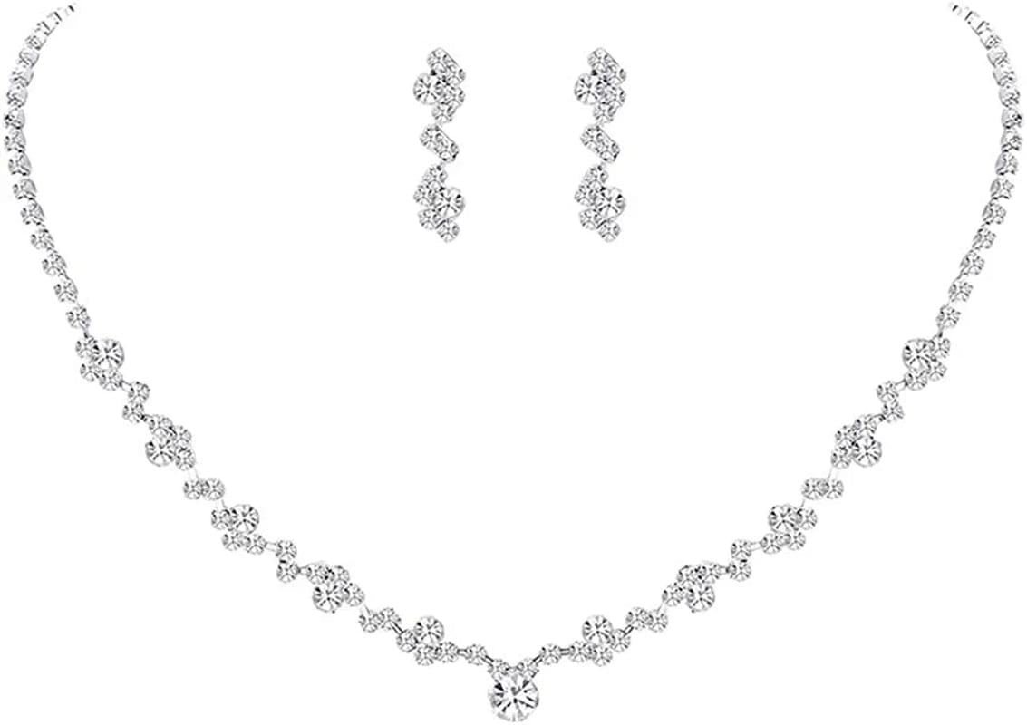 Bride Jewelry Set Silver Crystal Wedding Necklace Earrings Bridal Rhinestone Teardrop Pendant Accessories for Women and Bridesmaids (3 Piece Set - 2 Earrings and 1 Necklace) style 164