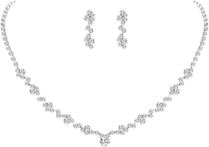 Bride Jewelry Set Silver Crystal Wedding Necklace Earrings Bridal Rhinestone Teardrop Pendant Accessories for Women and Bridesmaids (3 Piece Set - 2 Earrings and 1 Necklace) style 164