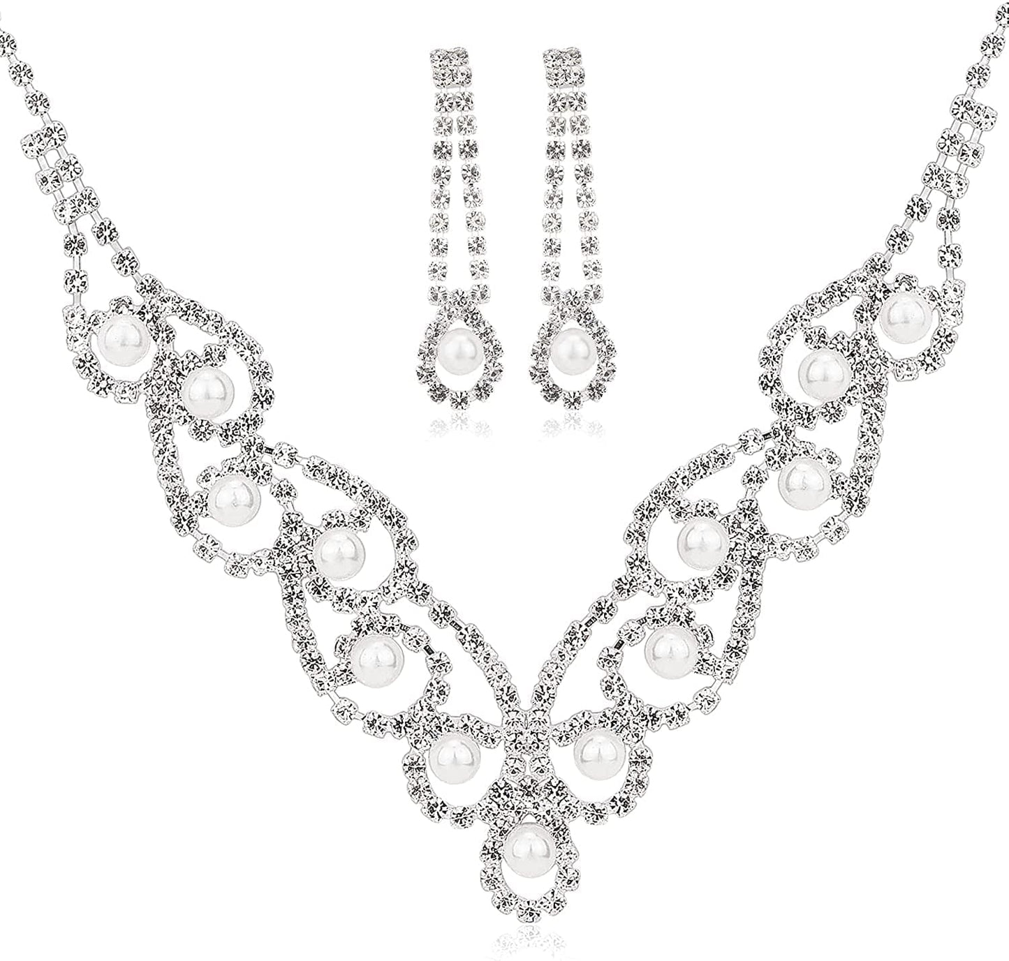 Bride Jewelry Set Silver Crystal Wedding Necklace Earrings Bridal Rhinestone Teardrop Pendant Accessories for Women and Bridesmaids (3 Piece Set - 2 Earrings and 1 Necklace) style 1287