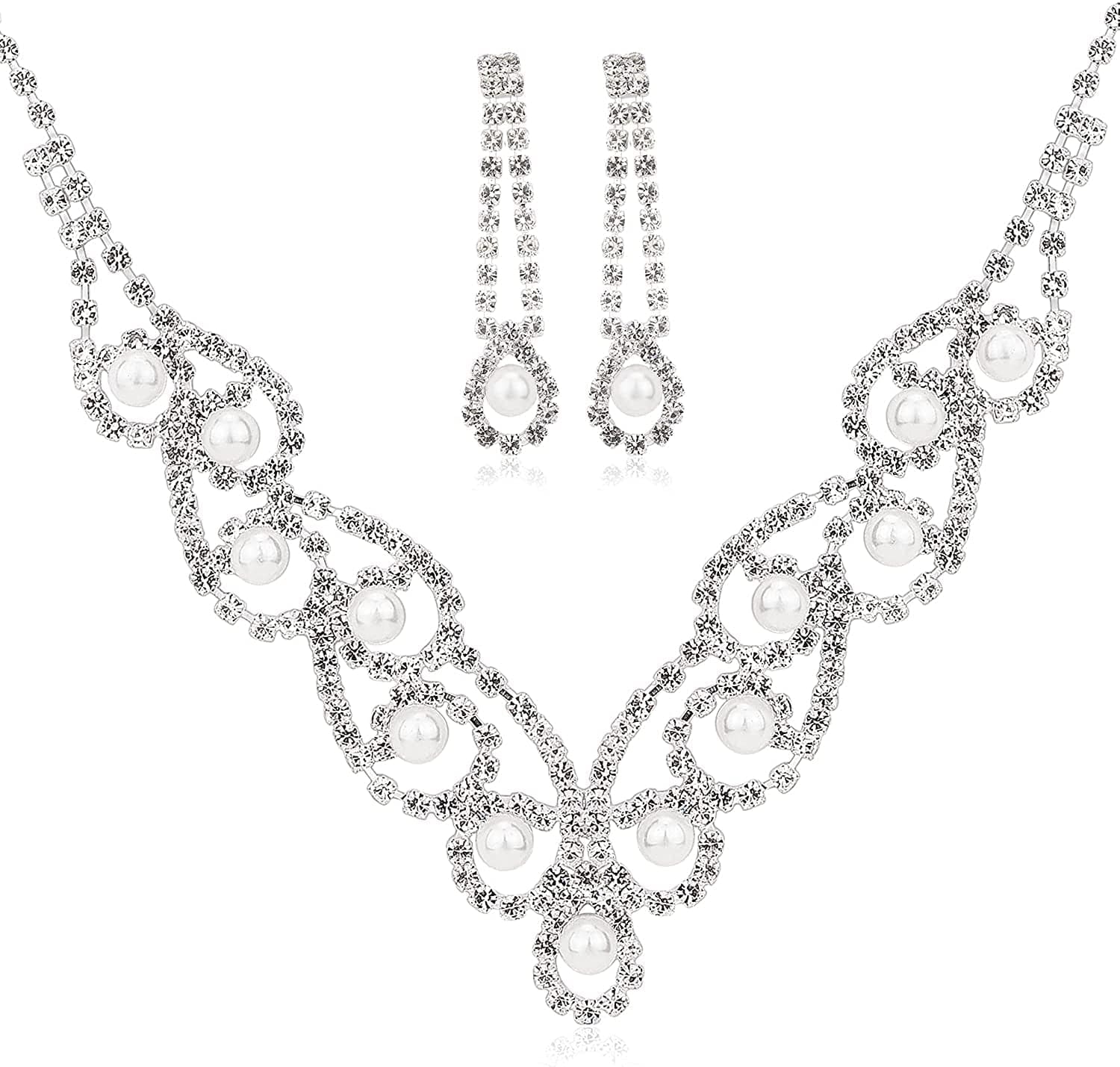 Bride Jewelry Set Silver Crystal Wedding Necklace Earrings Bridal Rhinestone Teardrop Pendant Accessories for Women and Bridesmaids (3 Piece Set - 2 Earrings and 1 Necklace) style 1287