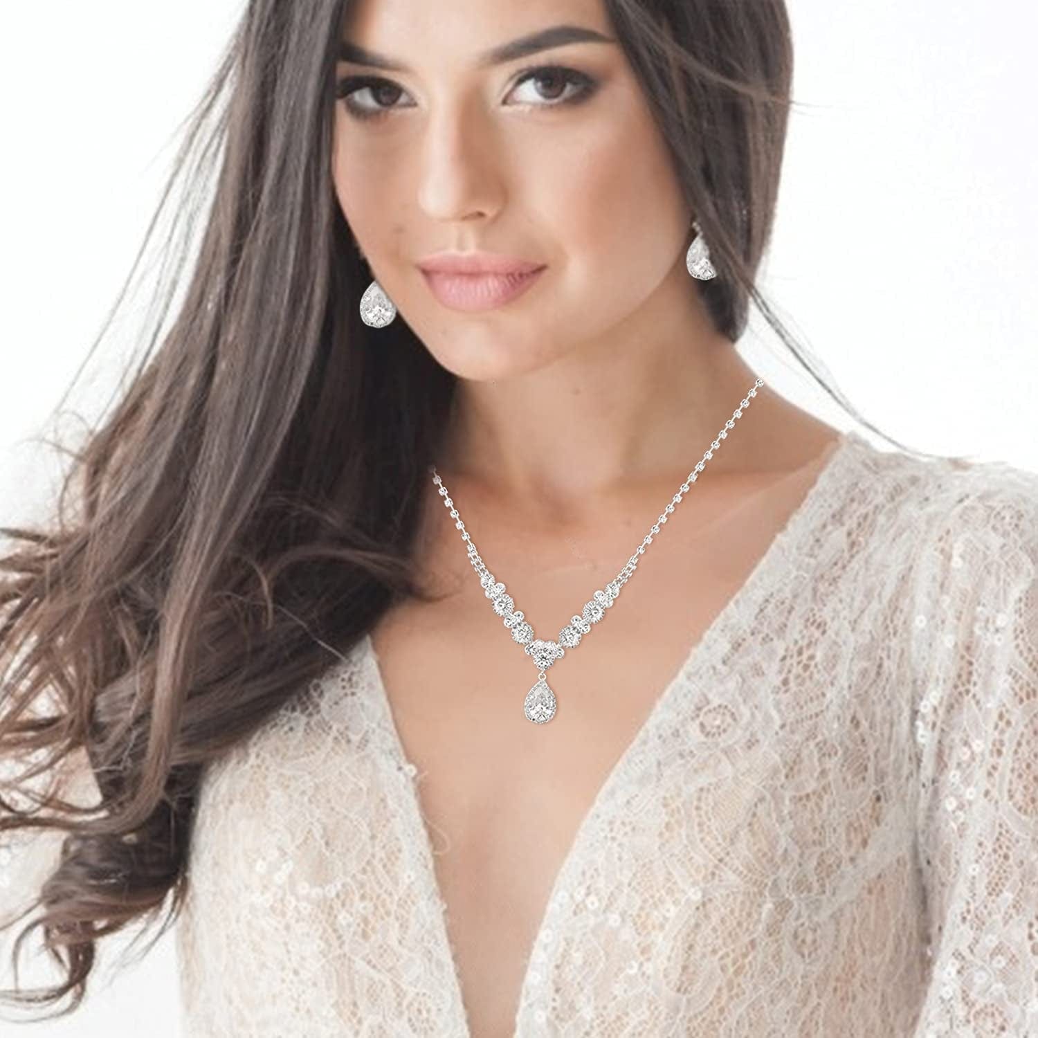 Bride Jewelry Set Silver Crystal Wedding Necklace Earrings Bridal Rhinestone Teardrop Pendant Accessories for Women and Bridesmaids (3 Piece Set - 2 Earrings and 1 Necklace)