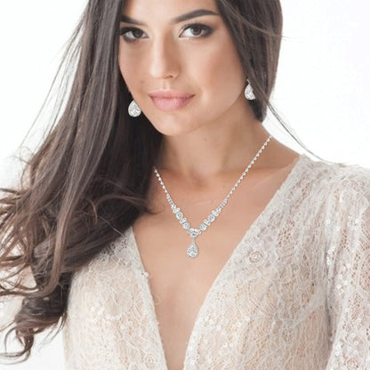 Bride Jewelry Set Silver Crystal Wedding Necklace Earrings Bridal Rhinestone Teardrop Pendant Accessories for Women and Bridesmaids (3 Piece Set - 2 Earrings and 1 Necklace)