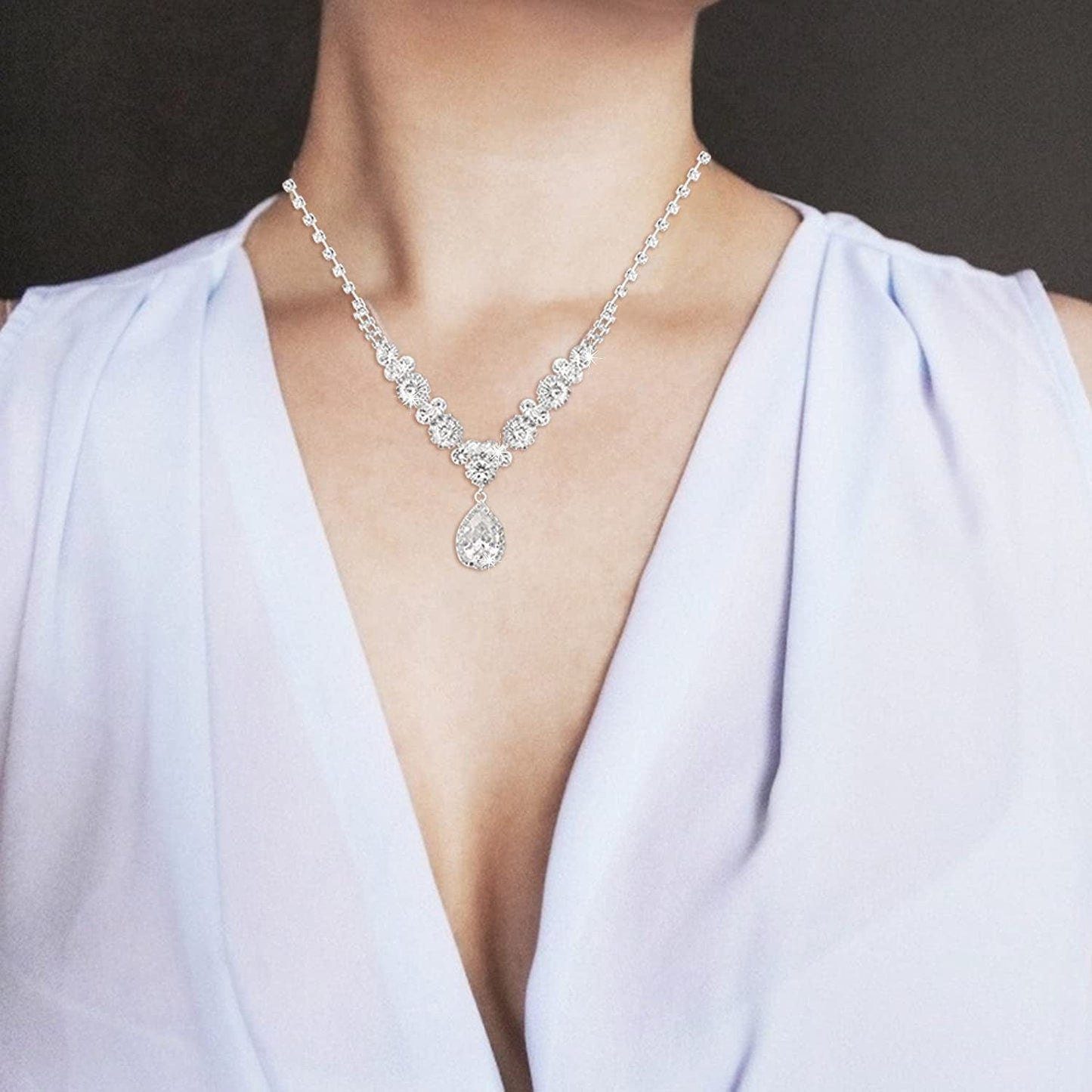 Bride Jewelry Set Silver Crystal Wedding Necklace Earrings Bridal Rhinestone Teardrop Pendant Accessories for Women and Bridesmaids (3 Piece Set - 2 Earrings and 1 Necklace)