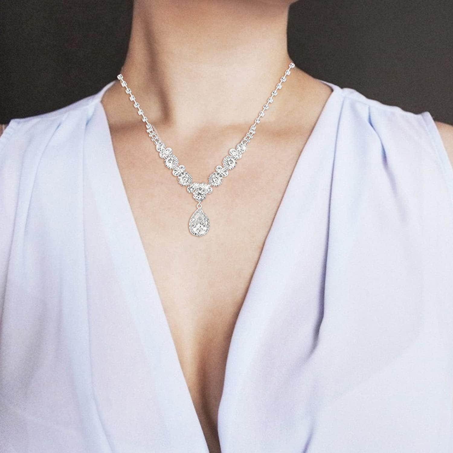 Bride Jewelry Set Silver Crystal Wedding Necklace Earrings Bridal Rhinestone Teardrop Pendant Accessories for Women and Bridesmaids (3 Piece Set - 2 Earrings and 1 Necklace)