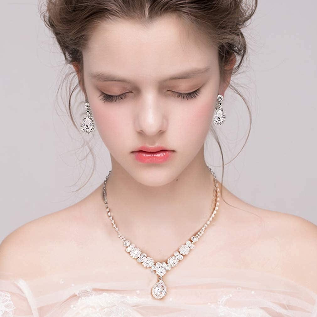 Bride Jewelry Set Silver Crystal Wedding Necklace Earrings Bridal Rhinestone Teardrop Pendant Accessories for Women and Bridesmaids (3 Piece Set - 2 Earrings and 1 Necklace)