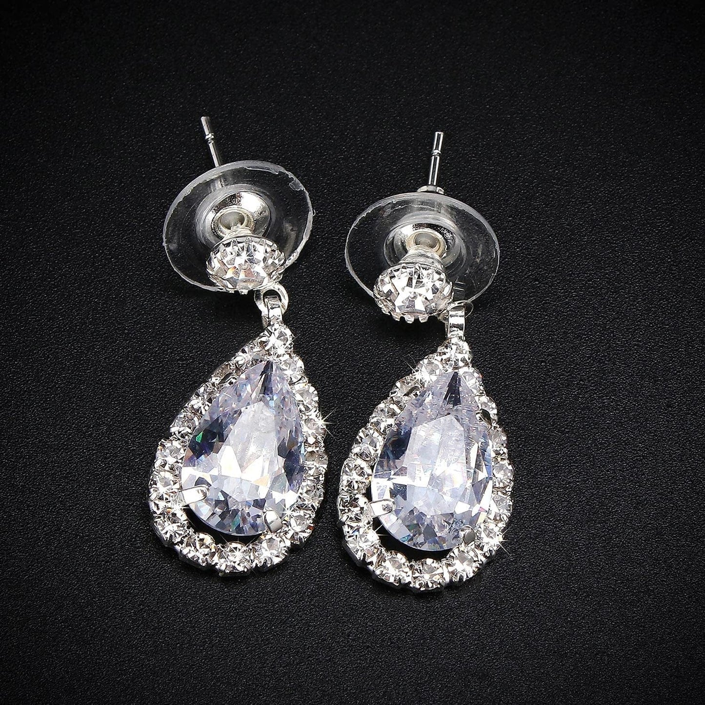 Bride Jewelry Set Silver Crystal Wedding Necklace Earrings Bridal Rhinestone Teardrop Pendant Accessories for Women and Bridesmaids (3 Piece Set - 2 Earrings and 1 Necklace)