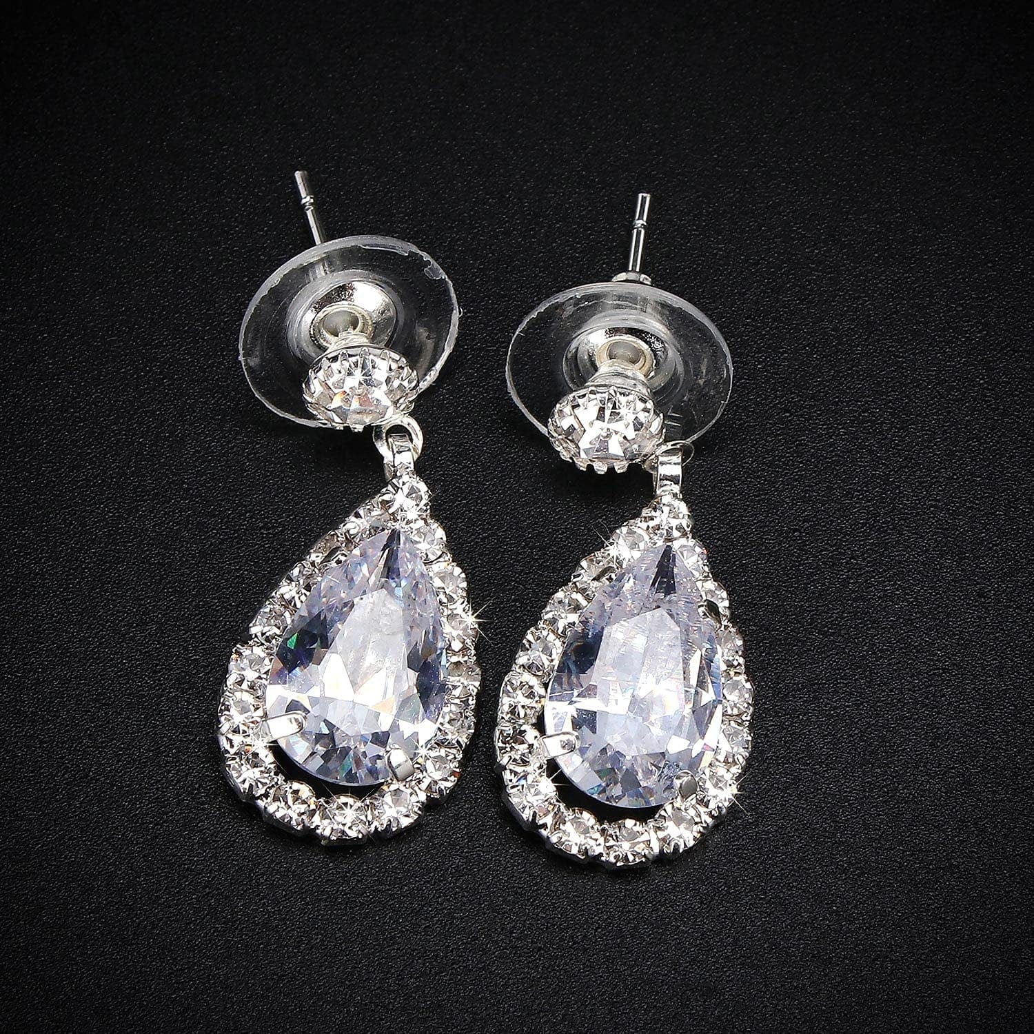 Bride Jewelry Set Silver Crystal Wedding Necklace Earrings Bridal Rhinestone Teardrop Pendant Accessories for Women and Bridesmaids (3 Piece Set - 2 Earrings and 1 Necklace)